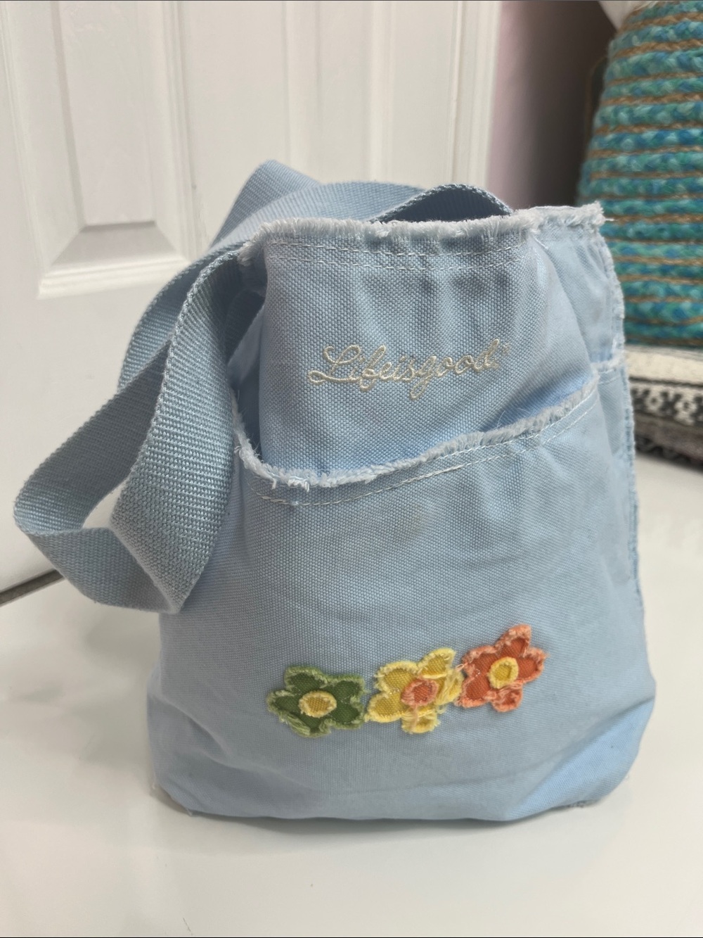 Life is Good Light Blue Daisy Canvas Tote Bag
